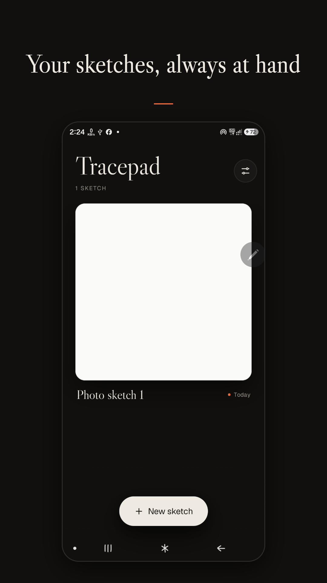 Tracepad gallery showing a saved sketch with its name and date, and a New sketch button.