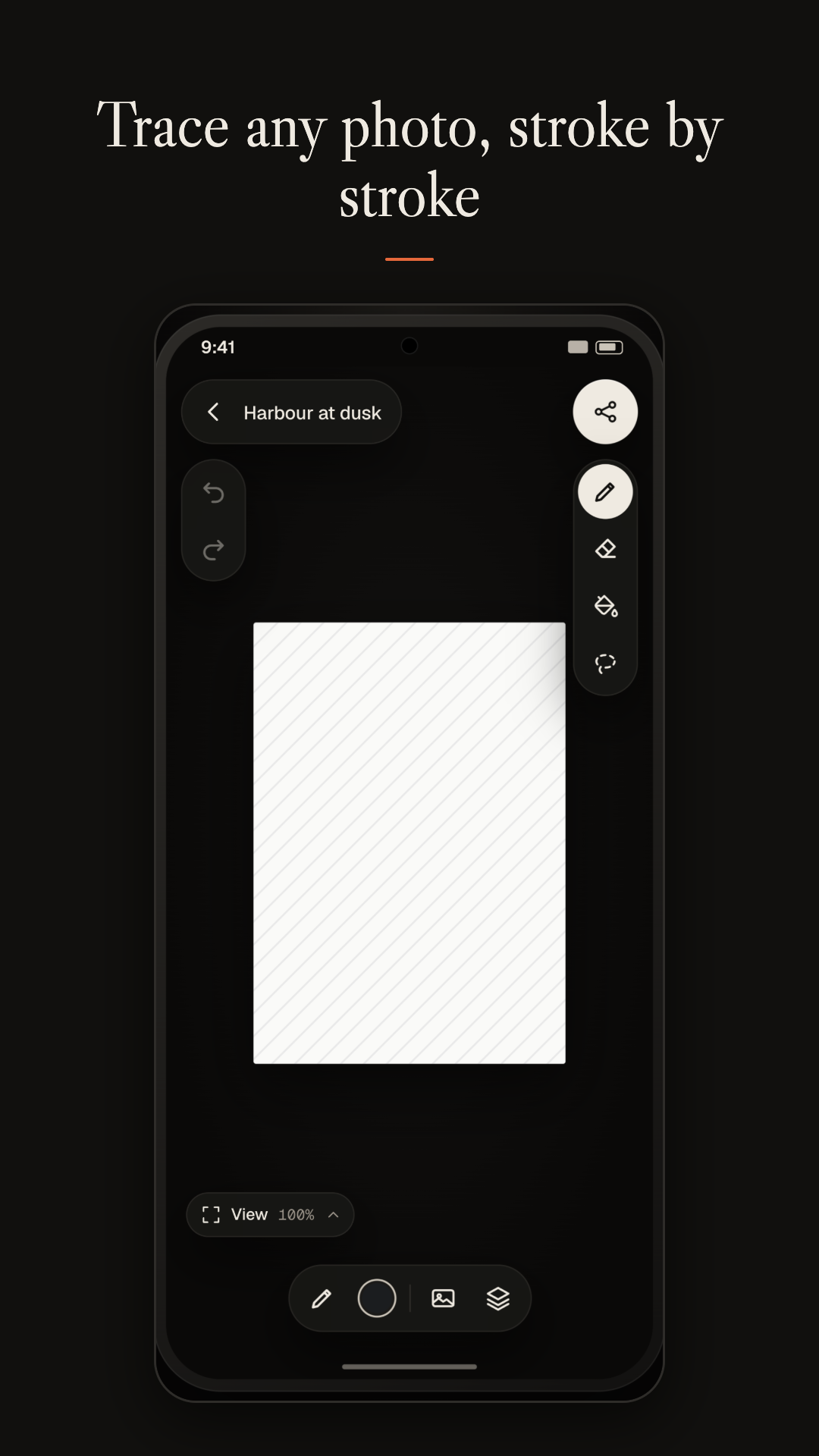 Tracepad editor with a sheet of paper on the canvas, drawing tools down the right edge and a colour and layers toolbar along the bottom.