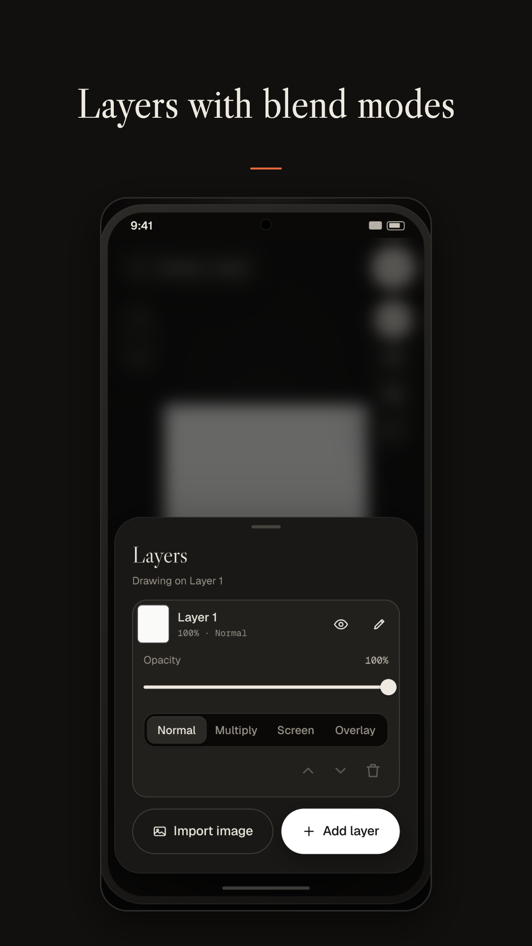 Tracepad layers panel with an opacity slider, Normal, Multiply, Screen and Overlay blend modes, and Import image and Add layer buttons.