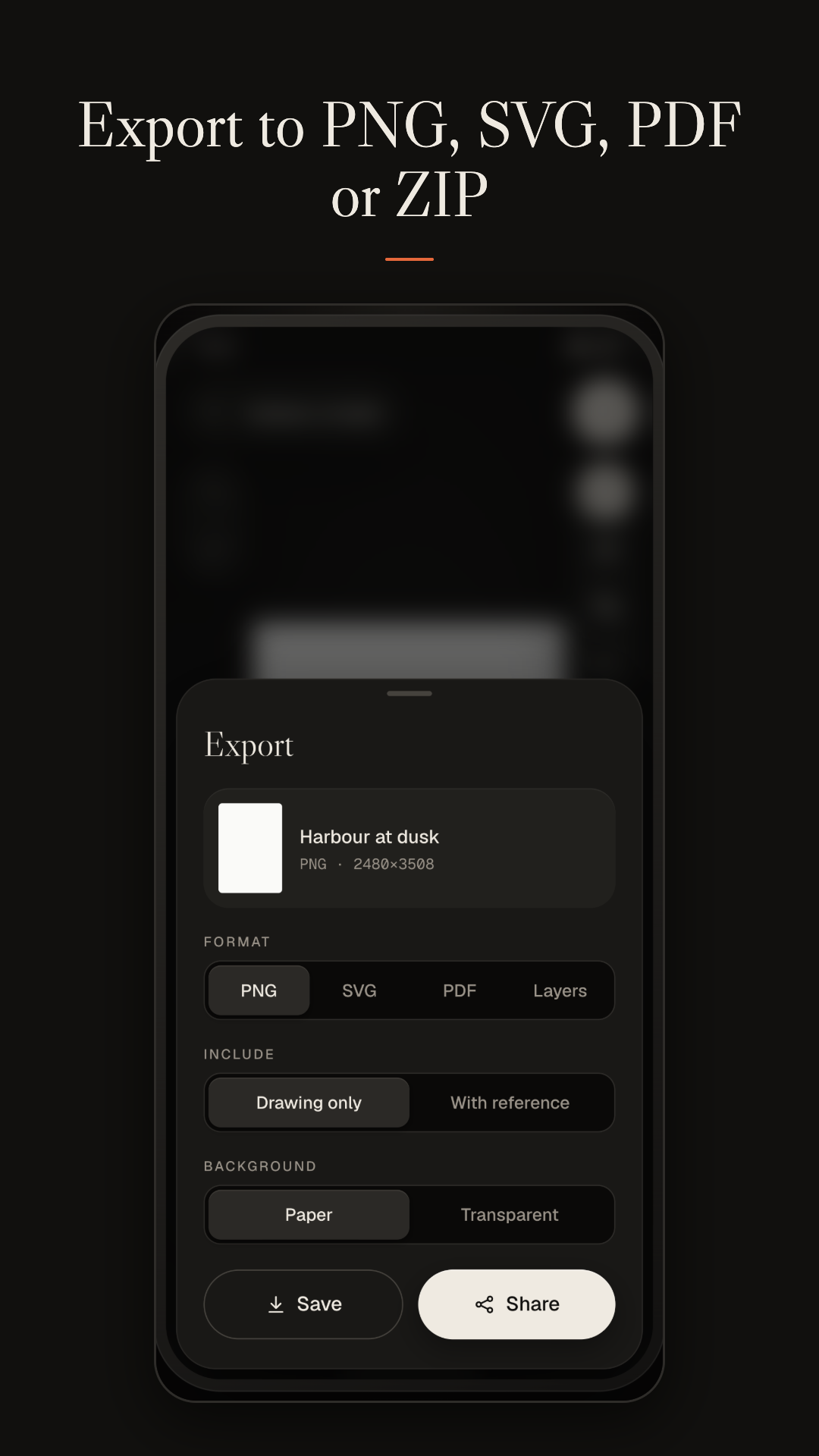Tracepad export sheet with PNG, SVG, PDF and Layers format choices, drawing and background options, and Save and Share buttons.